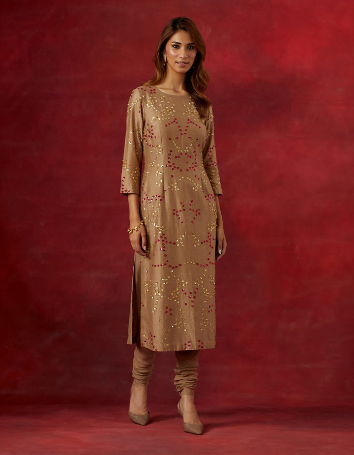 Beige embroidered chanderi silk kurta and churidar with tissue dupatta