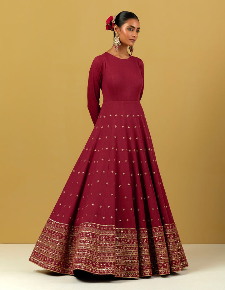 Maroon Hand Embroidered Matka Silk Suit And Dupatta