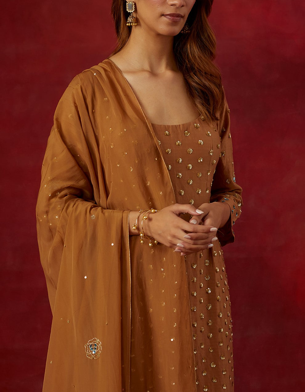 Rust embroidered chanderi silk kurta and pants with tissue dupatta