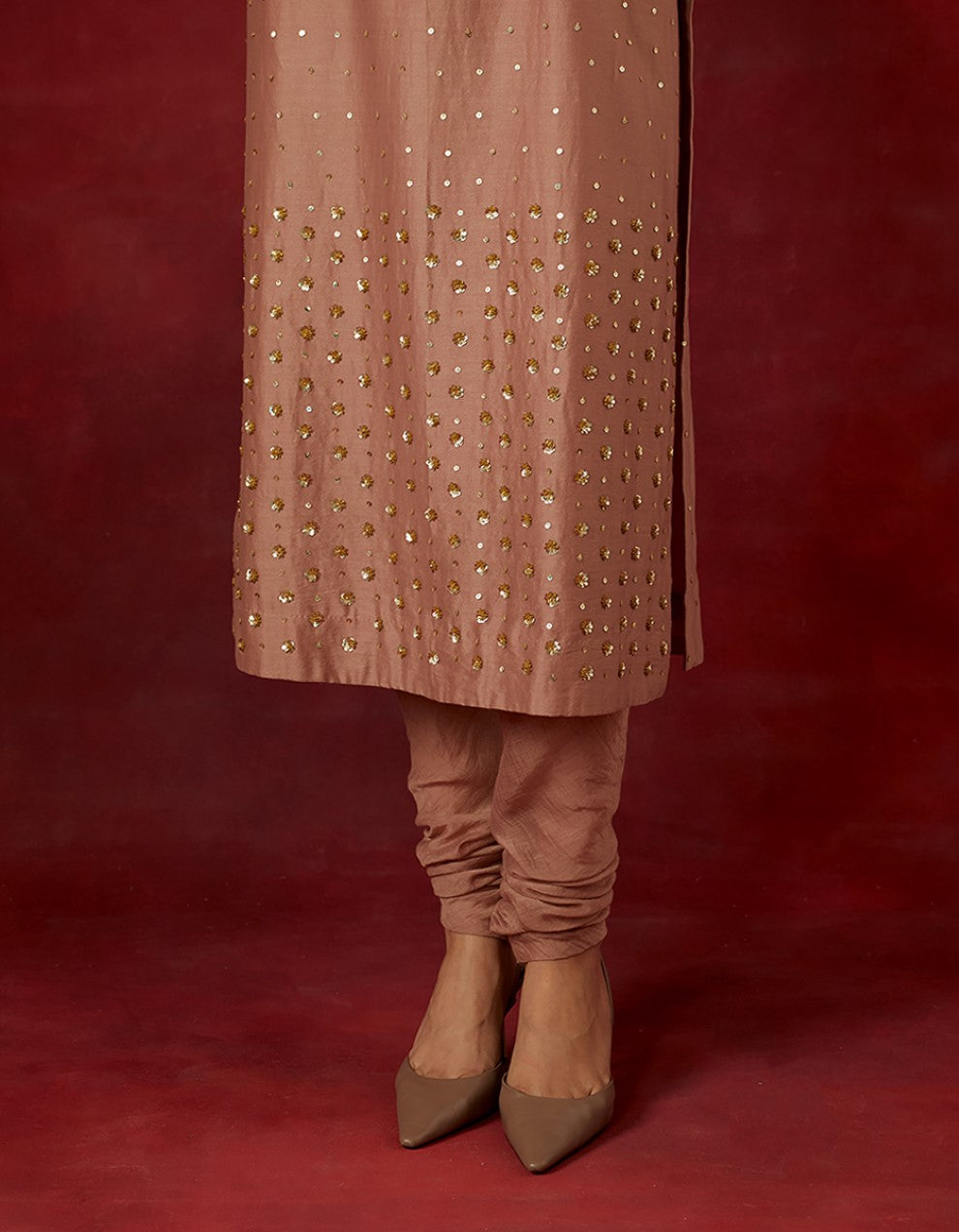 Blush Pink embroidered chanderi silk kurta and churidar with tissue dupatta