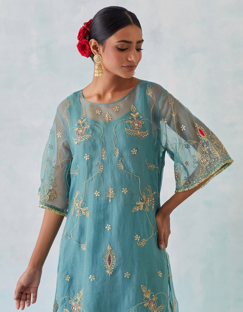 Blue hand embroidered tissue organza and chanderi lining kurta with pants