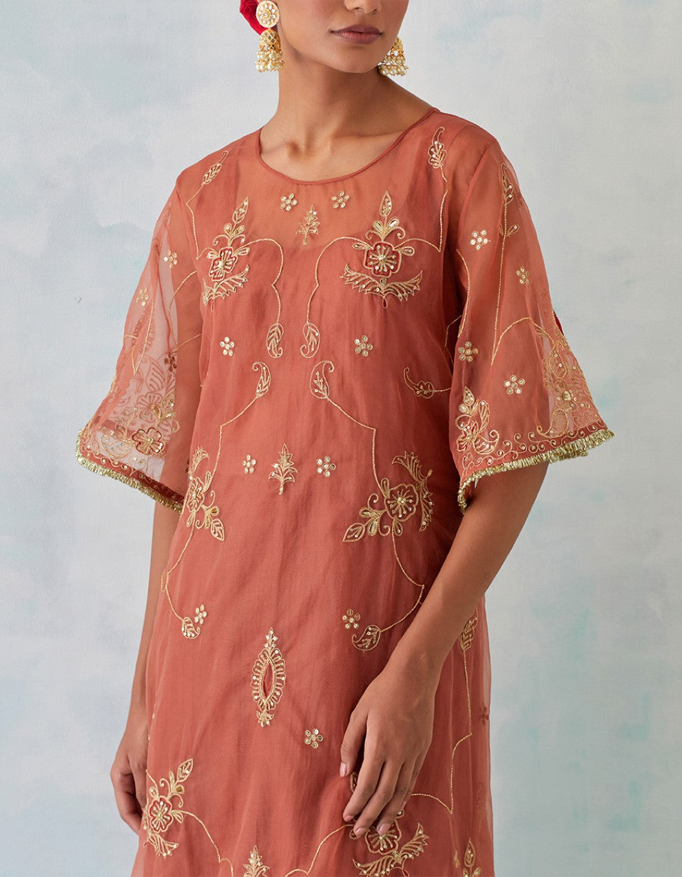 Peach hand embroidered tissue organza and chanderi lining kurta with pants