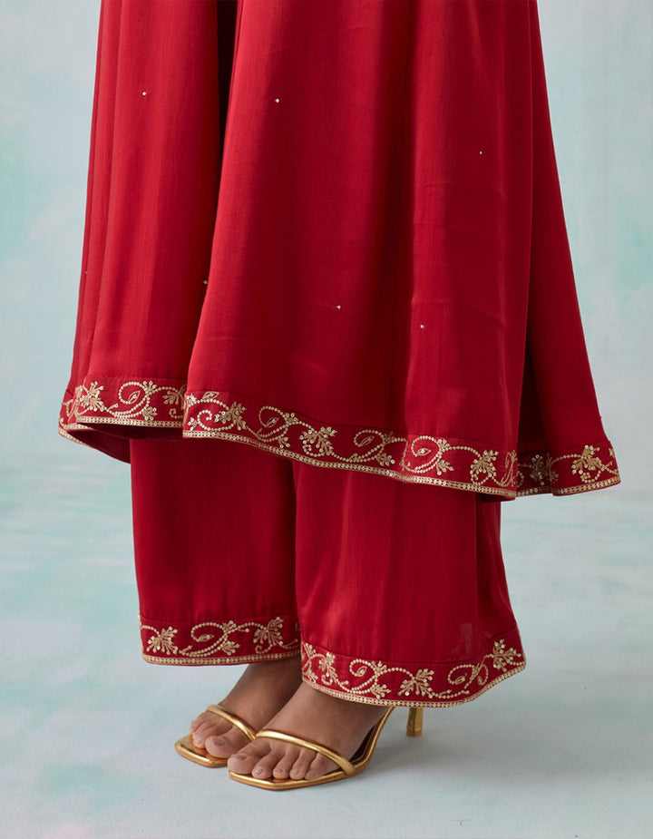 Red Embroidered Satin Kurta with Pants And Shimmer Organza Dupatta