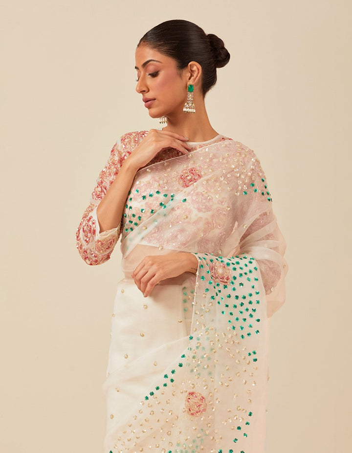 White organza multi colour sequins hand work blouse and saree with satin petticoat