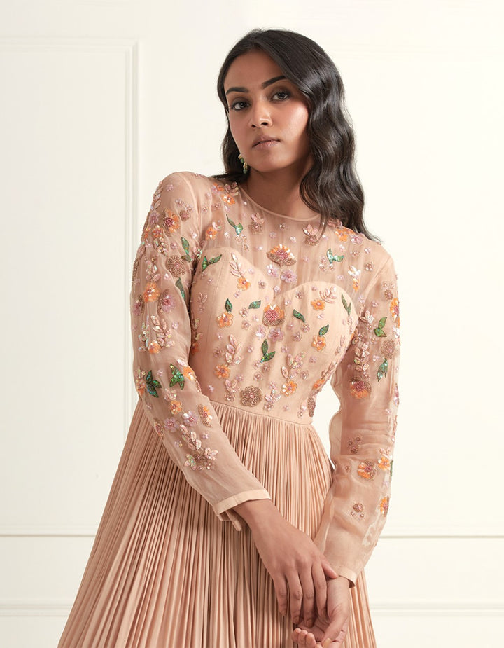 Peach Crepe & Organza Hand Embroidered Gown With Organza Dupatta
