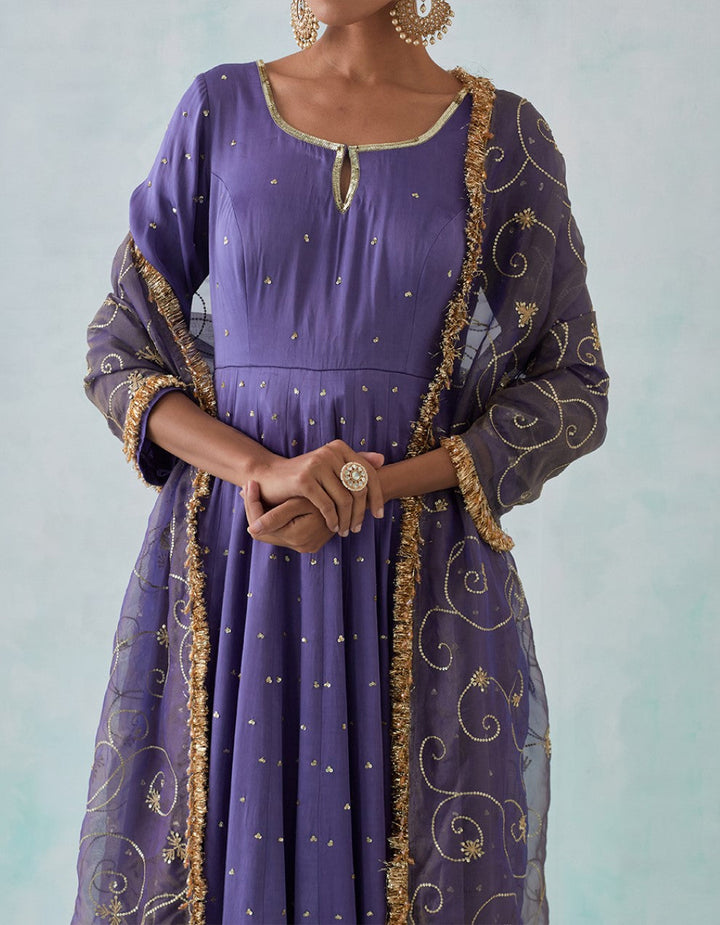 Purple Embroidered Satin Anarkali with Churidar And Shimmer Organza Dupatta