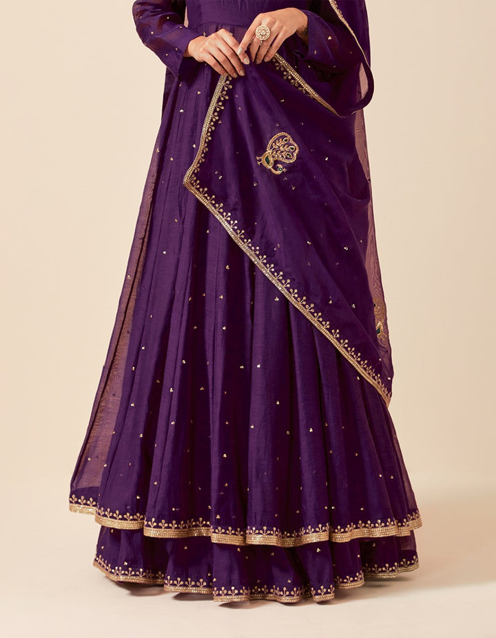 Purple hand embroidered anarkali with skirt and organza dupatta