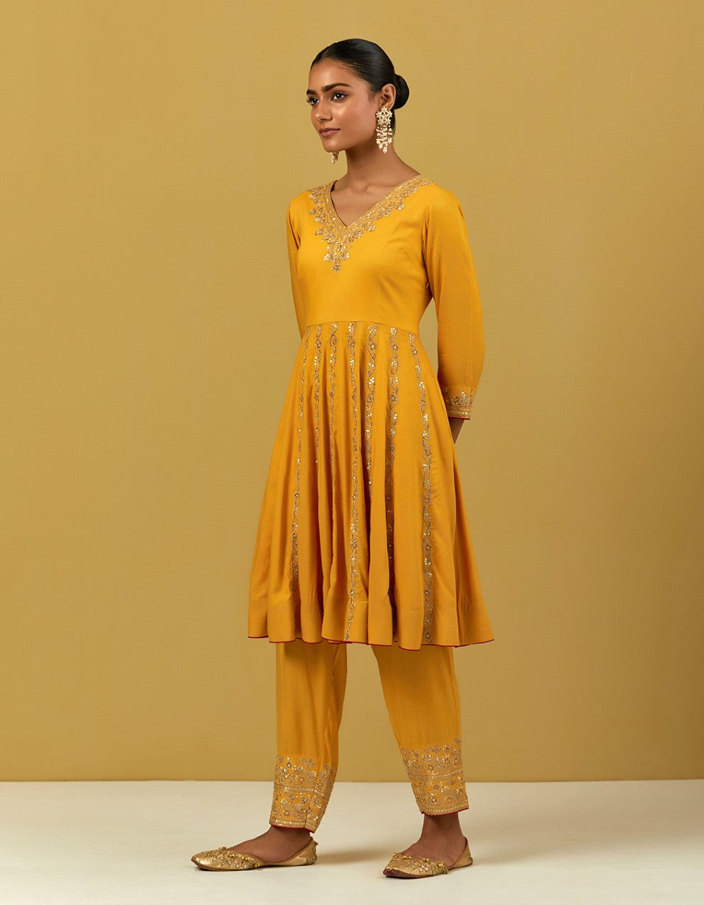 Yellow Hand Embroidered Modal Cotton Pants