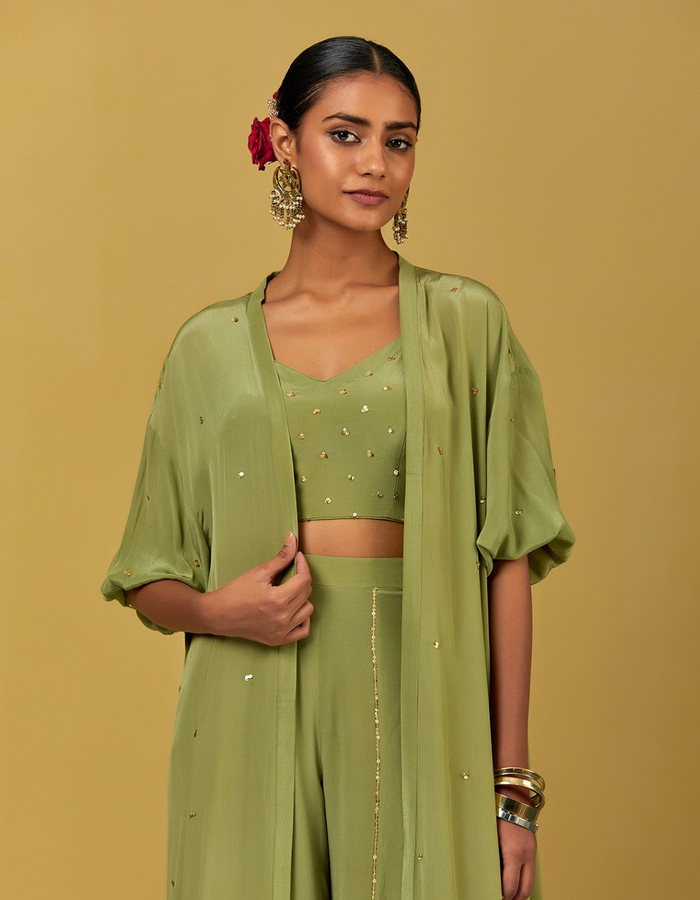 Green Hand Embroidered Crepe Crop Top