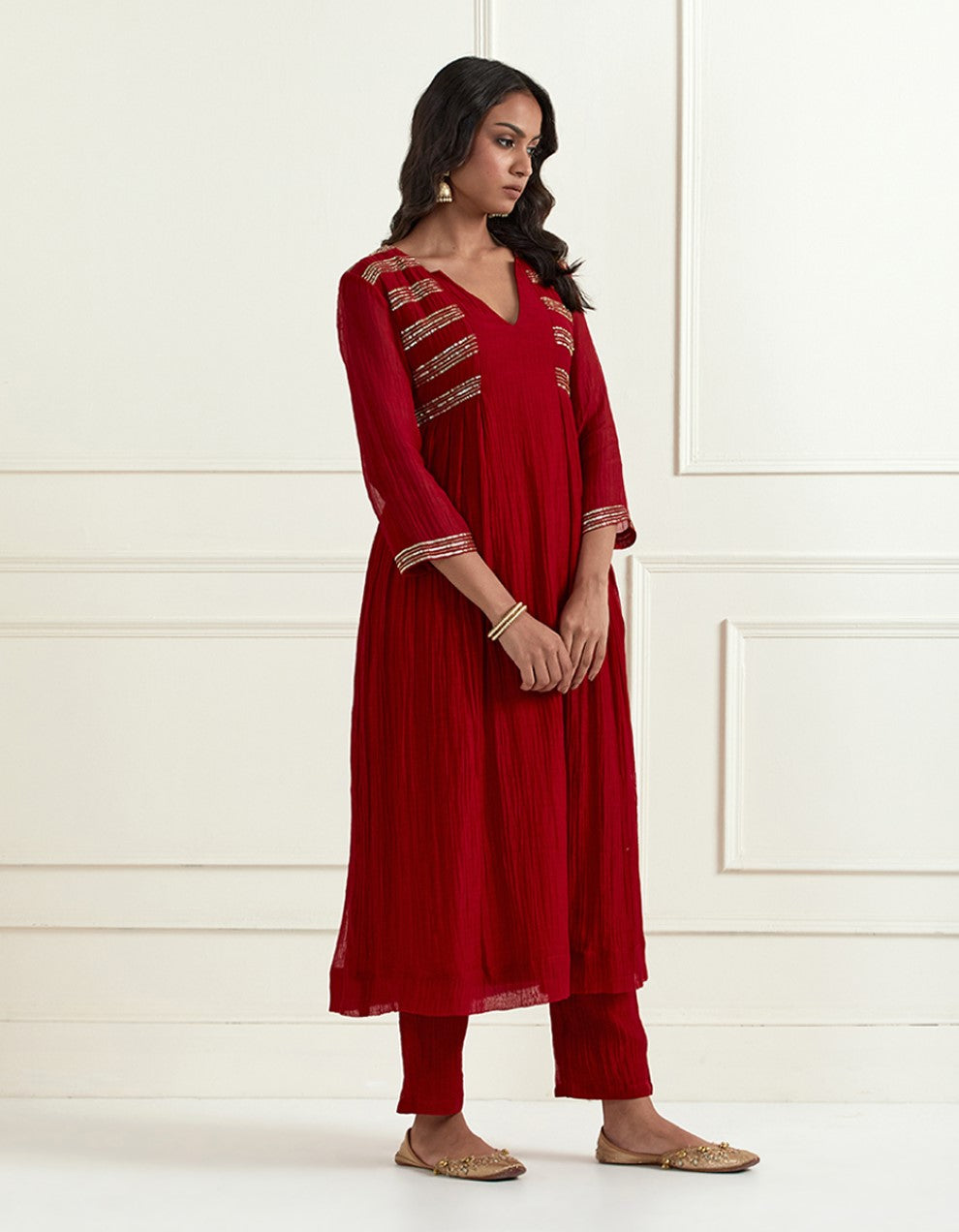 Red hand embroidered kurta with pants and dupatta