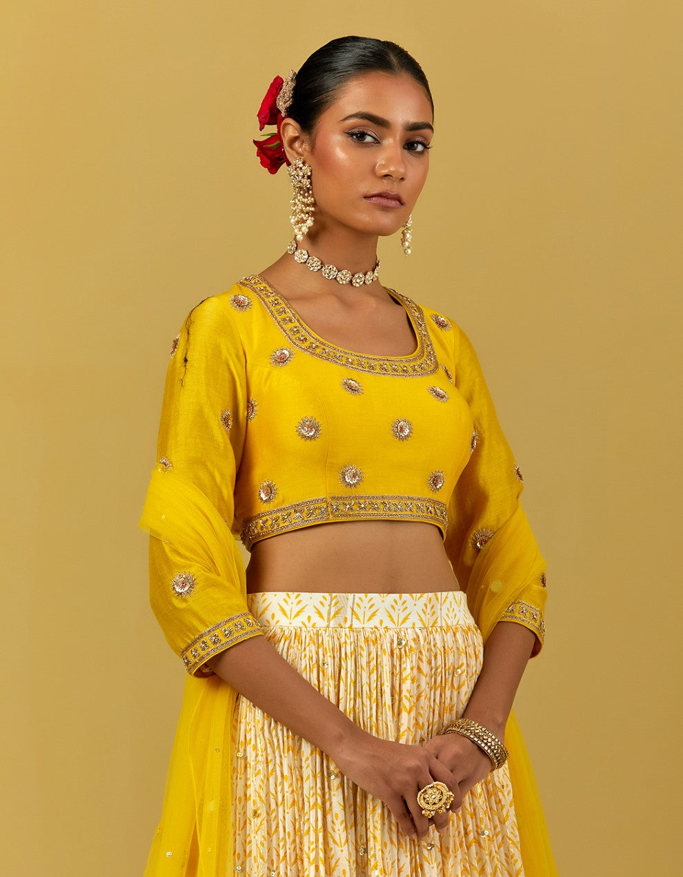 Yellow Hand Embroidered Chanderi Silk Lehenga Set
