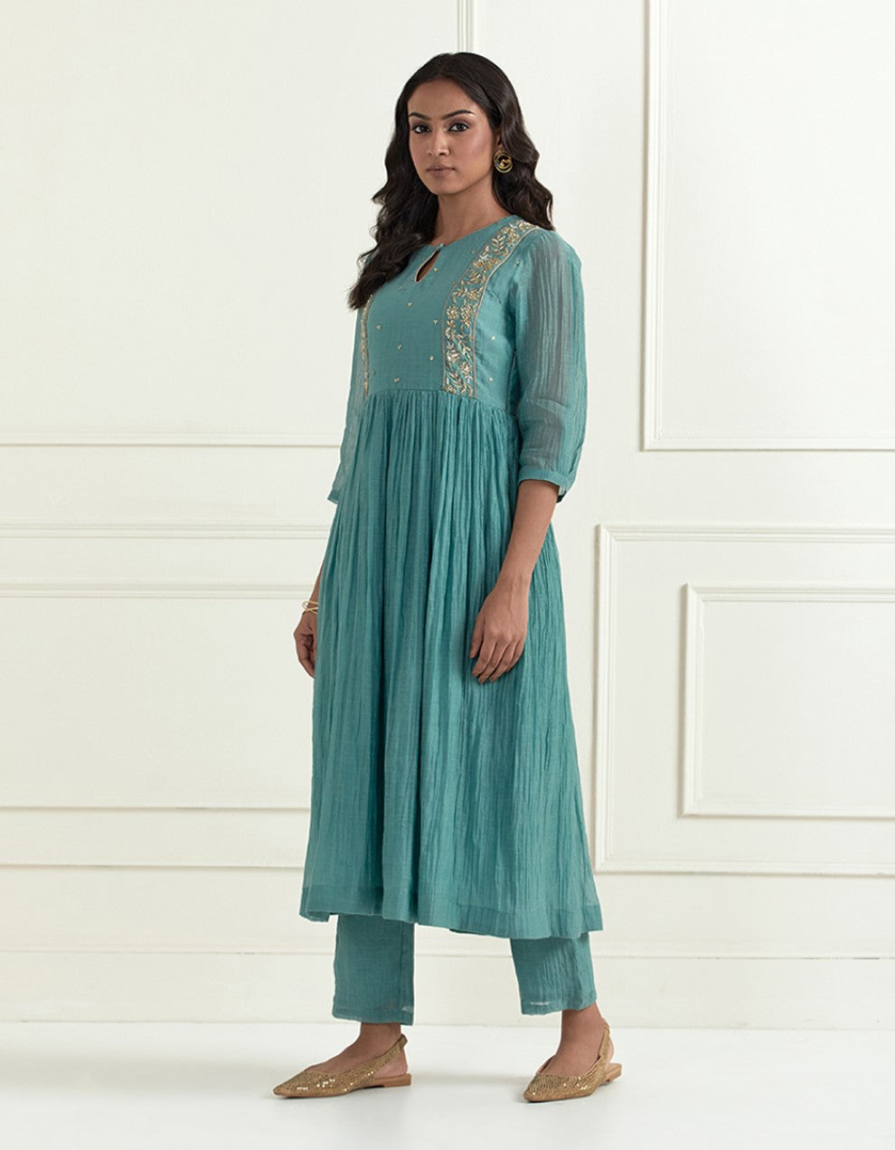 Teal blue hand embroidered kurta with pants and dupatta