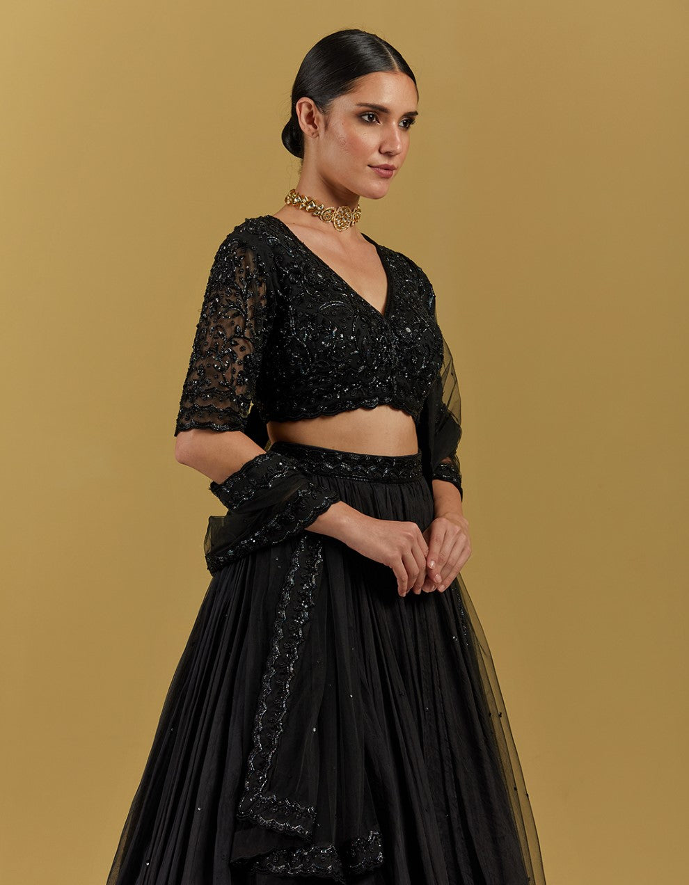 Black Hand Embroidered Net Blouse With Skirt And Dupatta