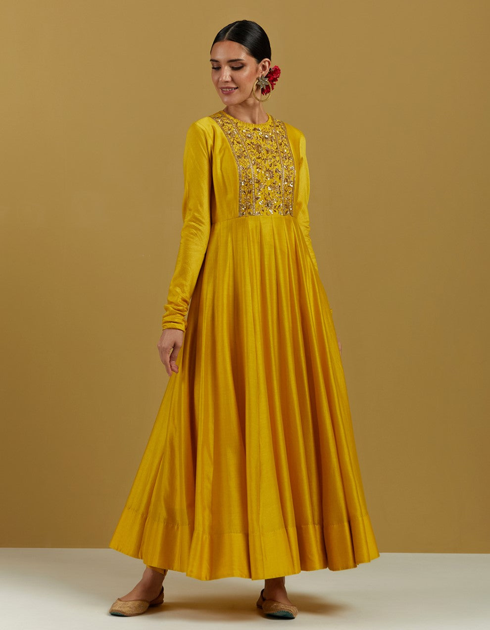 Yellow Hand Embroidered Floor Length Anarkali Suit Set