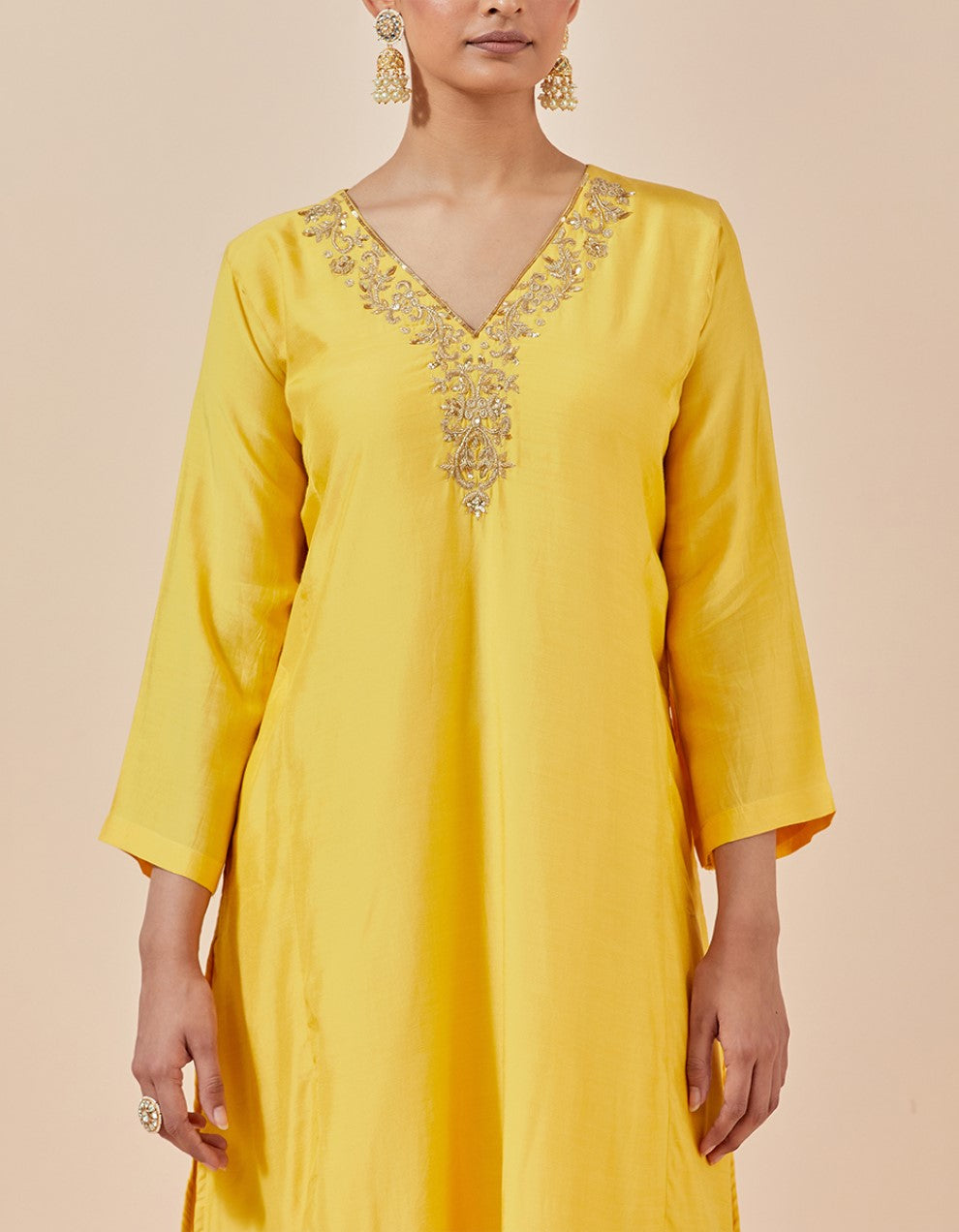 Yellow chanderi embroidered kurta with pants and dupatta