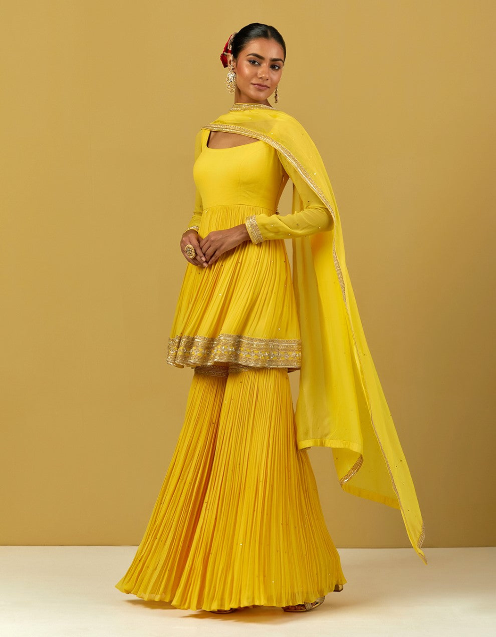 Yellow Hand Embroidered Georgette Gharara Set