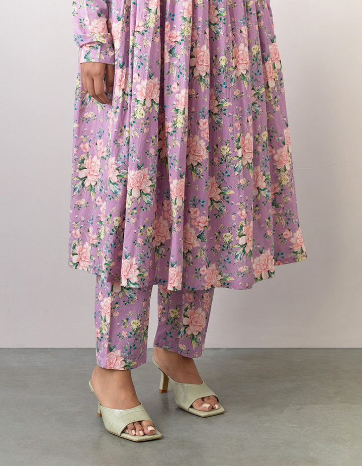 Lavender printed cotton kurta with pants