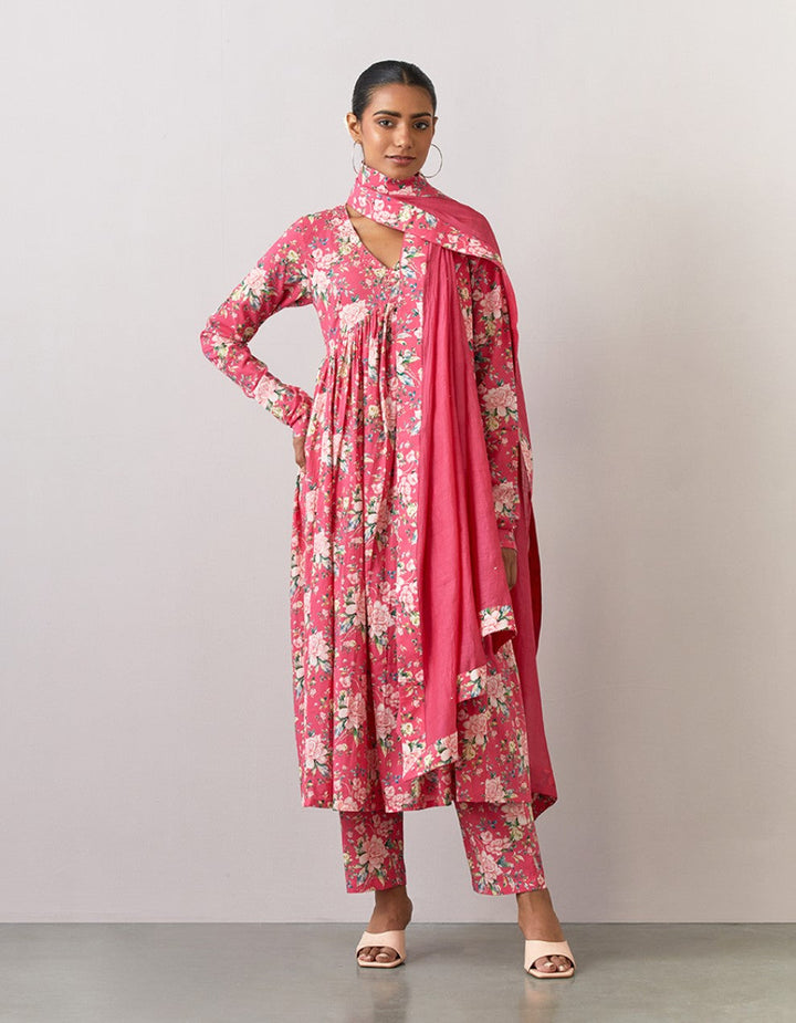 Pink printed cotton kurta with pants and chanderi dupatta