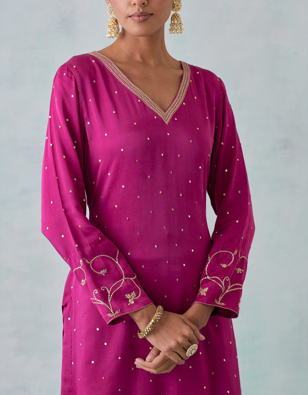 Magenta Embroidered Satin Kurta with Sharara And Shimmer Organza Dupatta