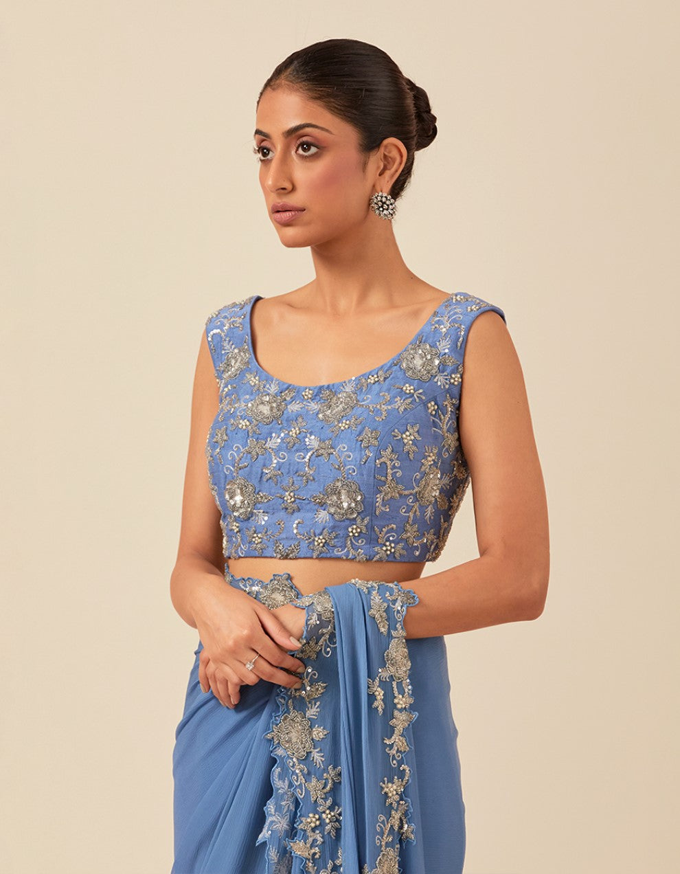 Blue chanderi hand work blouse with  wrinkle chiffon saree and satin petticoat
