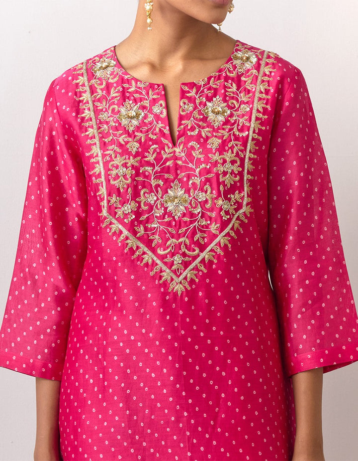 Pink embroidered printed chanderi kurta with pants and dupatta