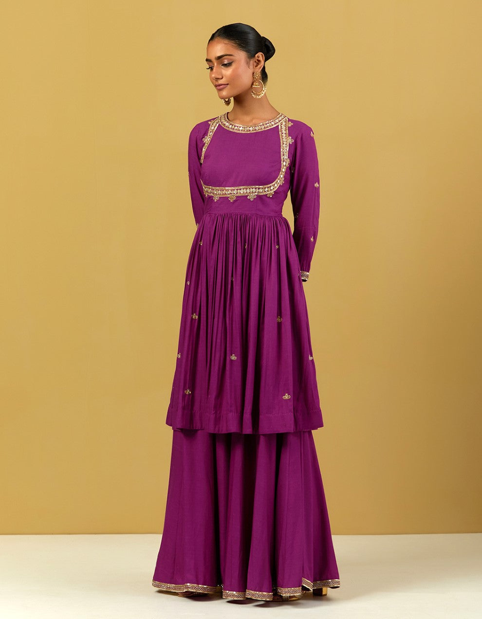 Purple Hand Embroidered Modal Cotton Sharara Set