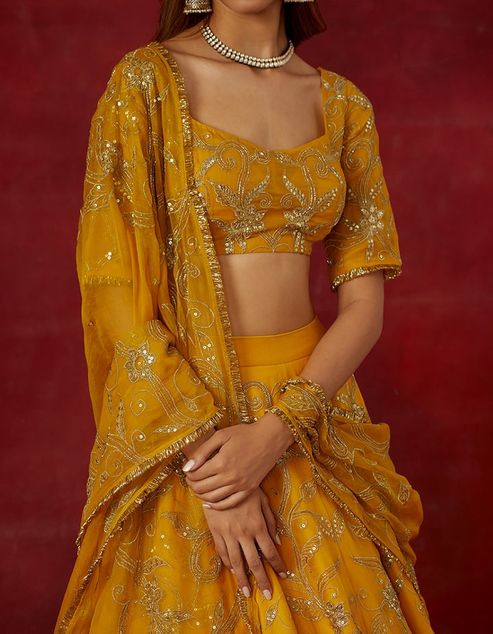 Yellow embroidered chanderi silk blouse and skirt with organza dupatta