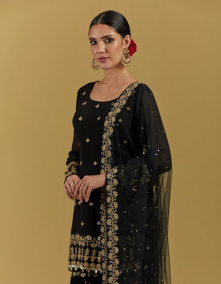 Black Hand Embroidered Kurta With Gharara Pants And Dupatta