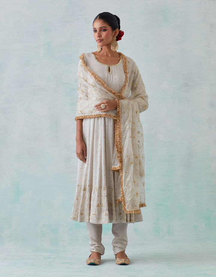 White Embroidered Satin Anarkali with Churidar And Shimmer Organza Dupatta