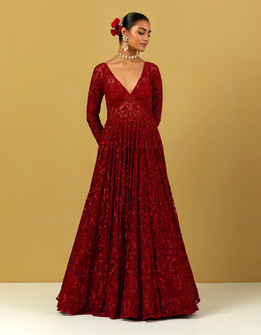Red Hand Embroidered Net Gown With Dupatta