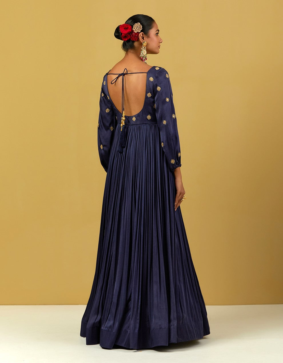 Navy Blue Hand Embroidered Satin Suit And Dupatta