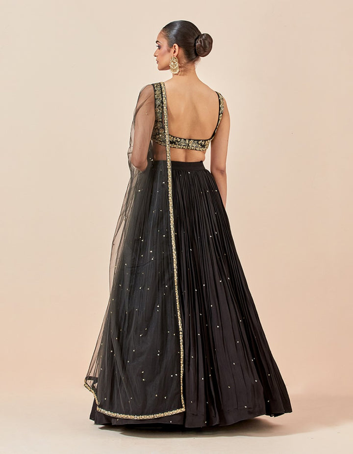 Black hand embroidered chanderi blouse with crepe skirt and dupatta