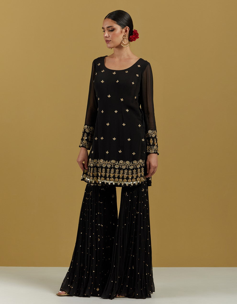 Black Hand Embroidered Kurta With Gharara Pants And Dupatta