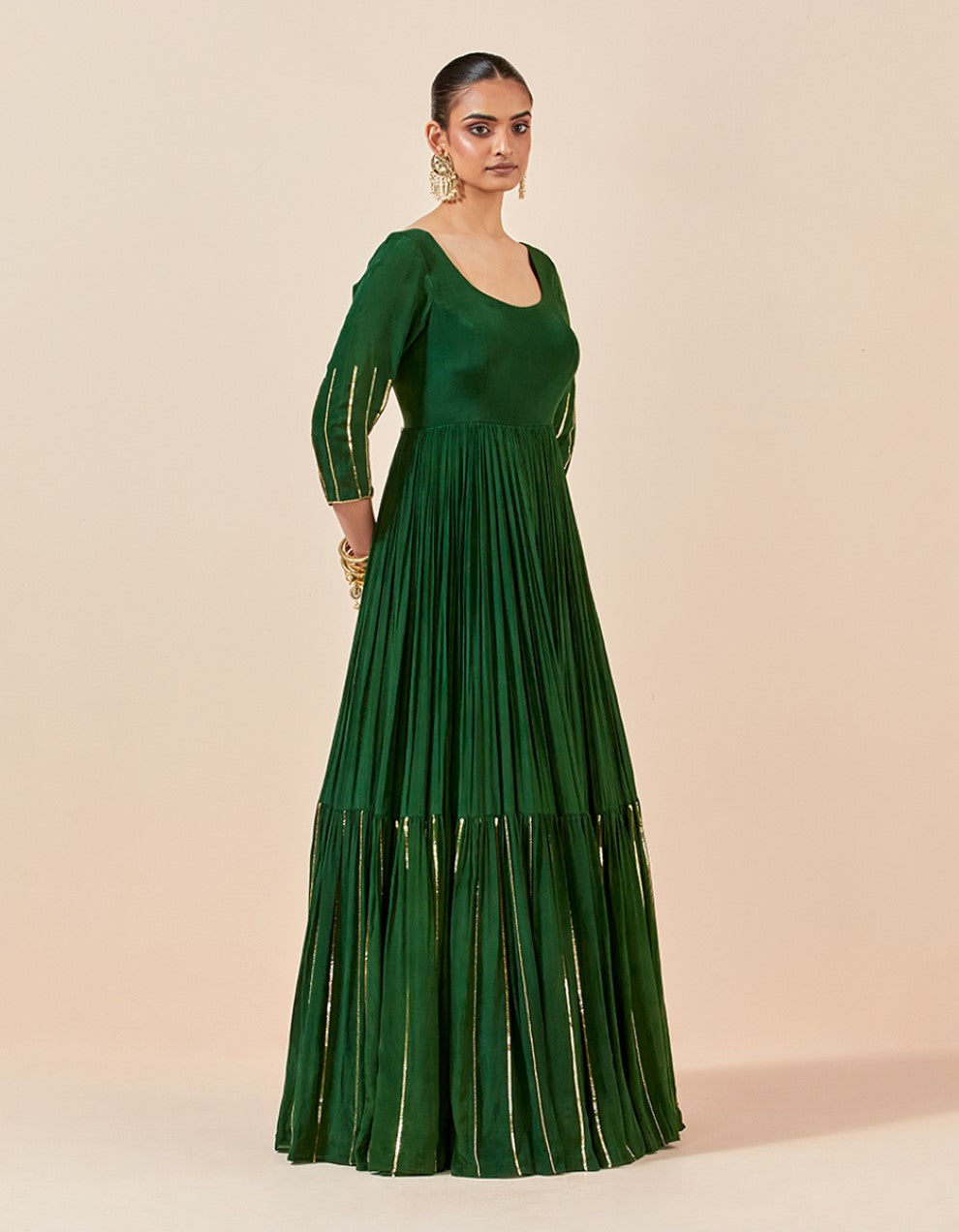 Green embroidered crepe gown and tissue organza dupatta