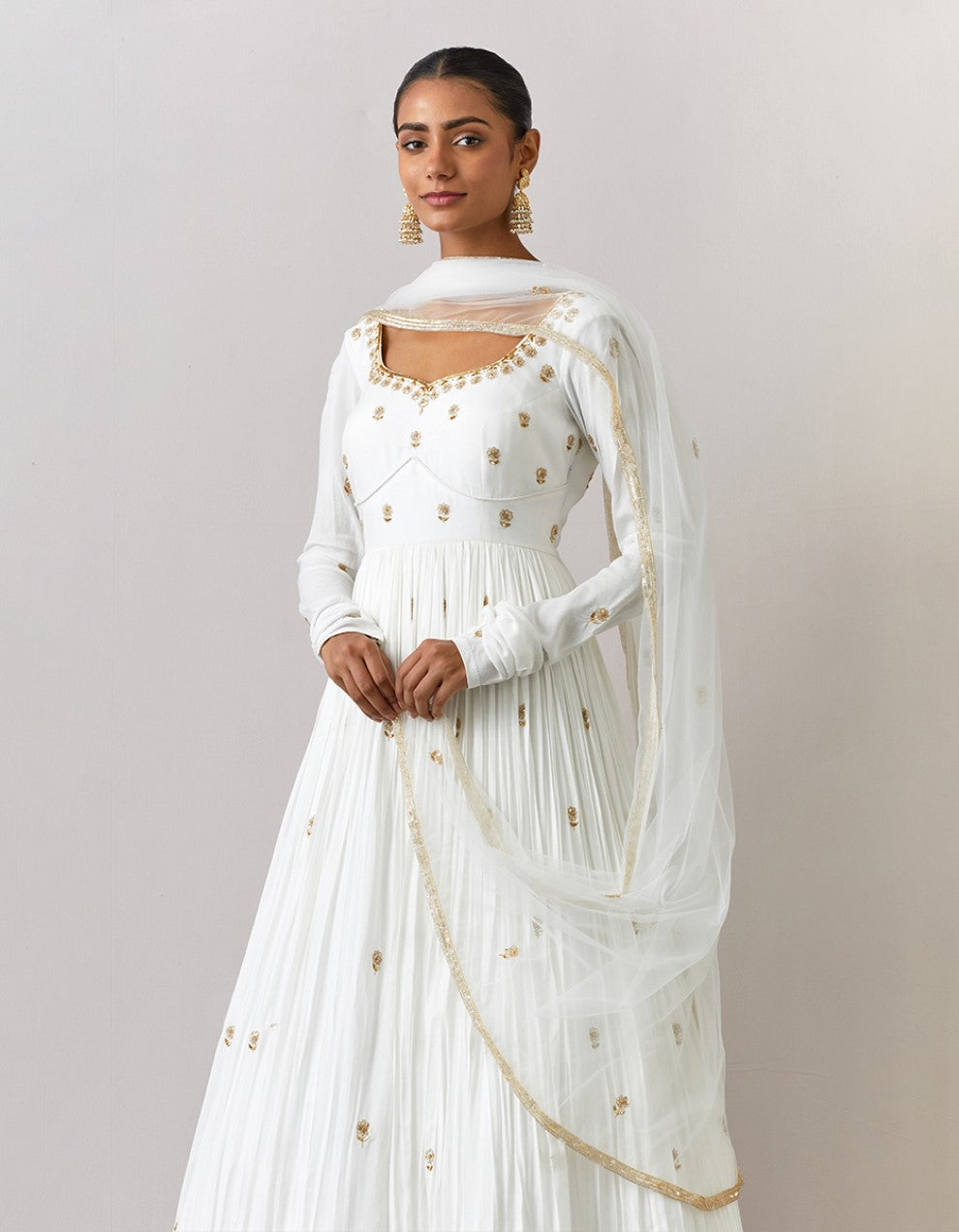 White hand embroidered modal cotton gown and net dupatta