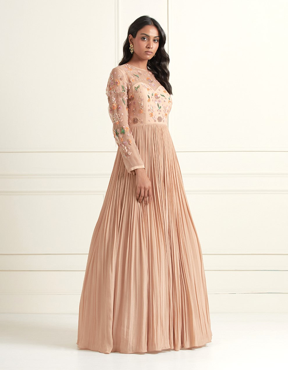 Peach Crepe & Organza Hand Embroidered Gown With Organza Dupatta