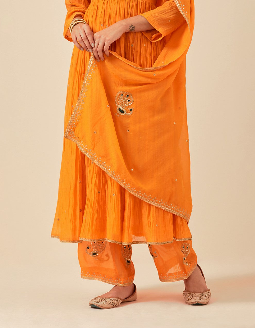 Orange hand embroidered half cut anarkali with pants and dupatta