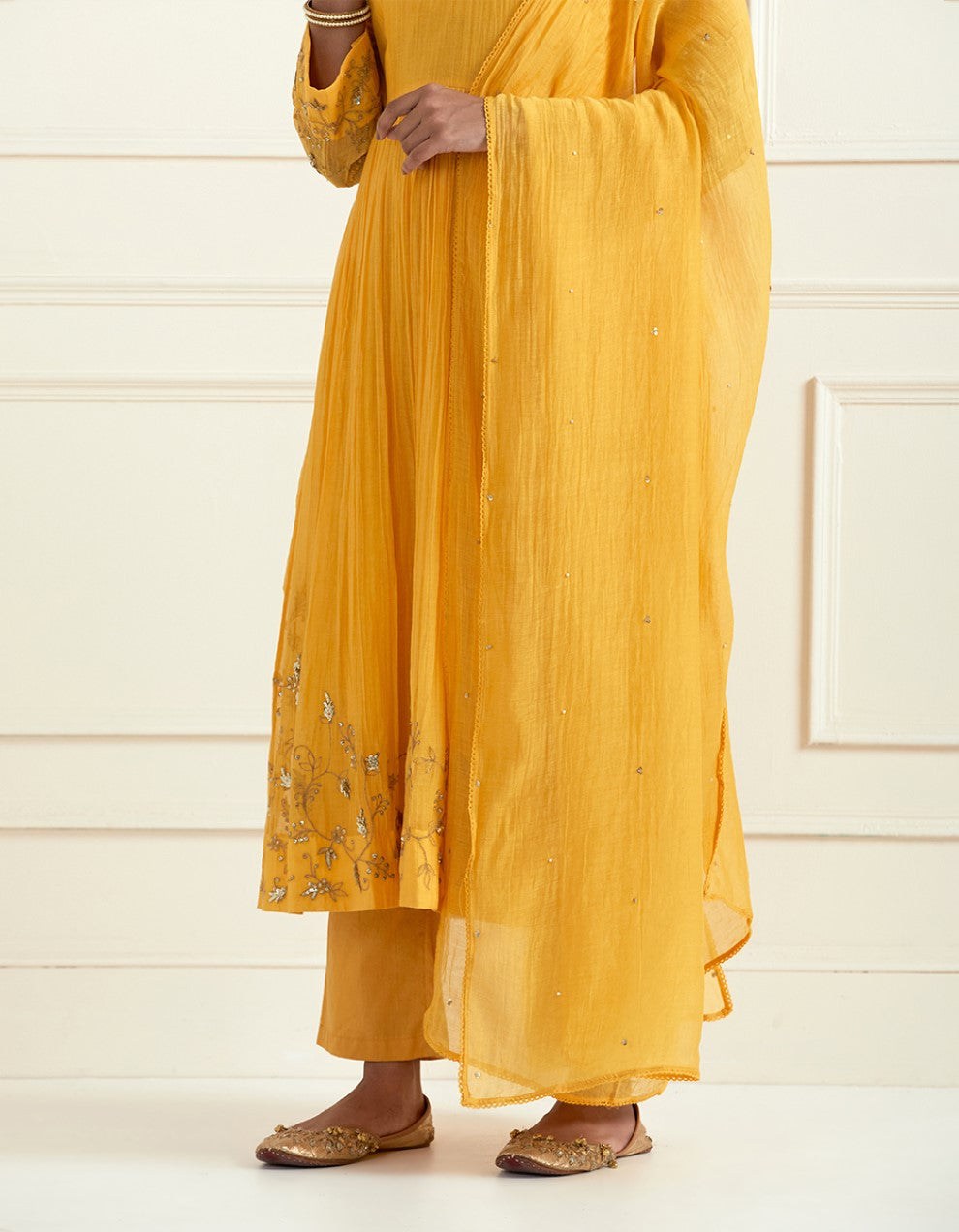 Yellow hand embroidered kurta with pants and cotton dupatta
