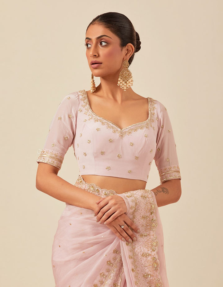 Pink crepe hand work blouse with  organza saree and satin petticoat