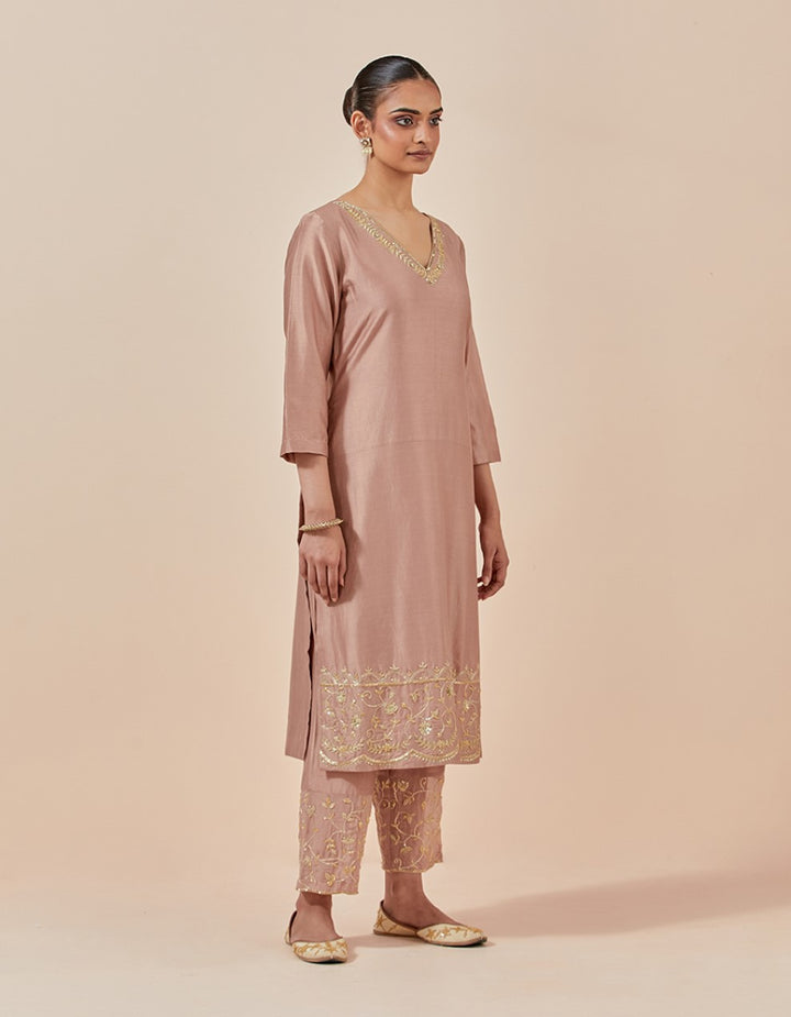 Dust Pink chanderi embroidered kurta with pants