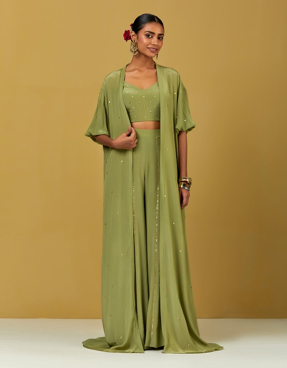 Green Hand Embroidered Crepe Cape