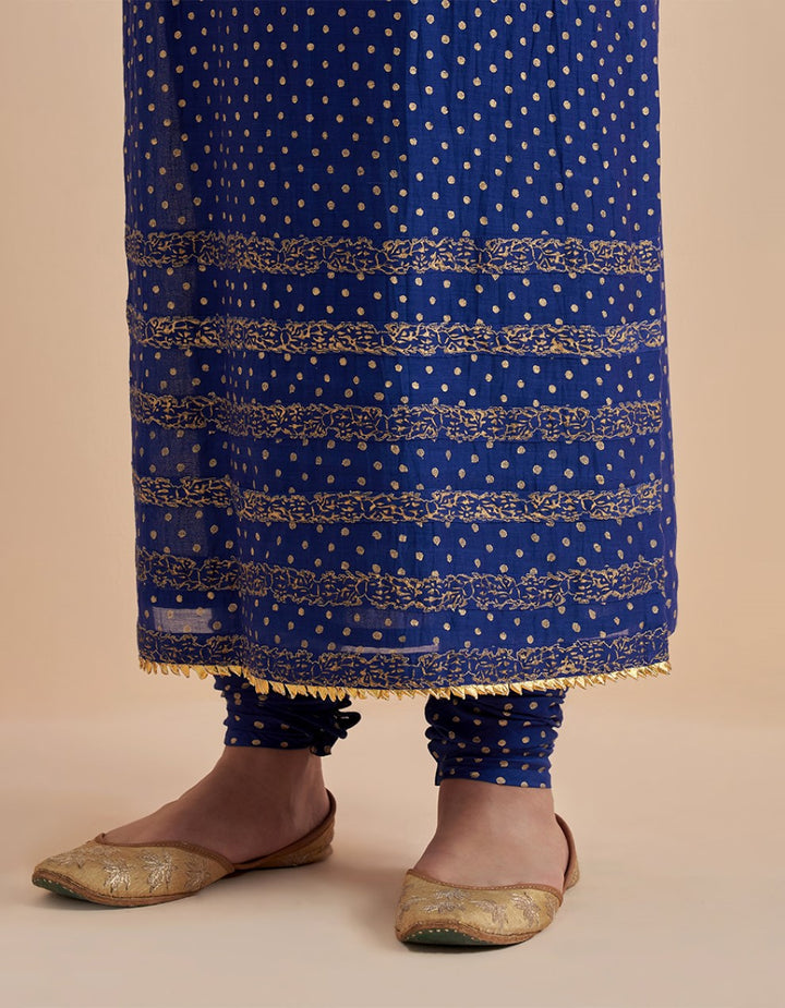 Blue printed chanderi silk kurta with churidar and dupatta