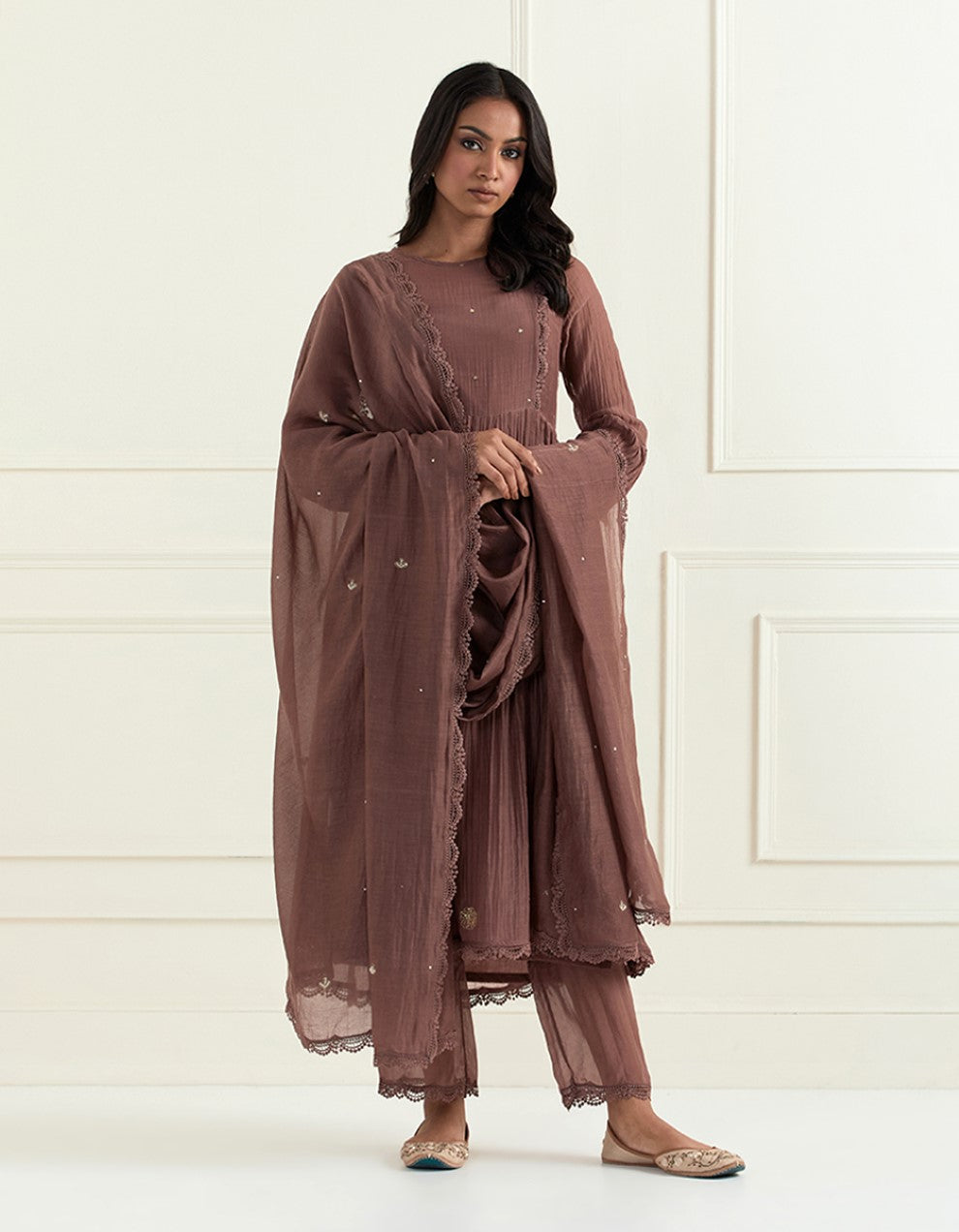 Brown hand embroidered chanderi kurta with pants and dupatta