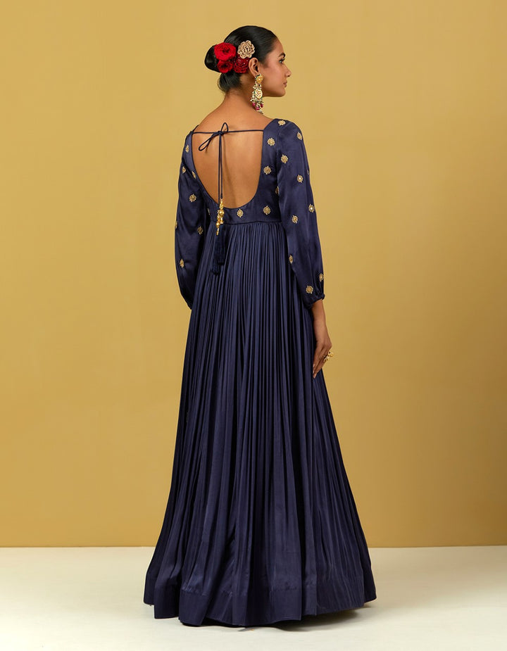 Navy Blue Hand Embroidered Satin Suit