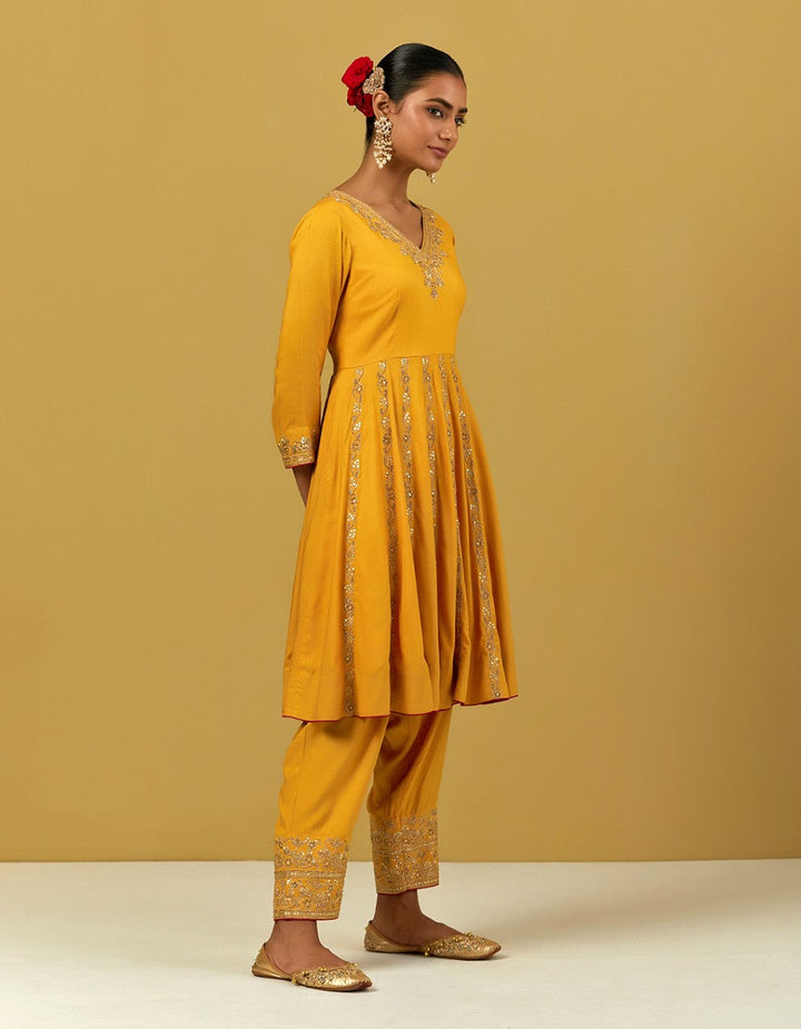 Yellow Hand Embroidered Modal Cotton Suit Set