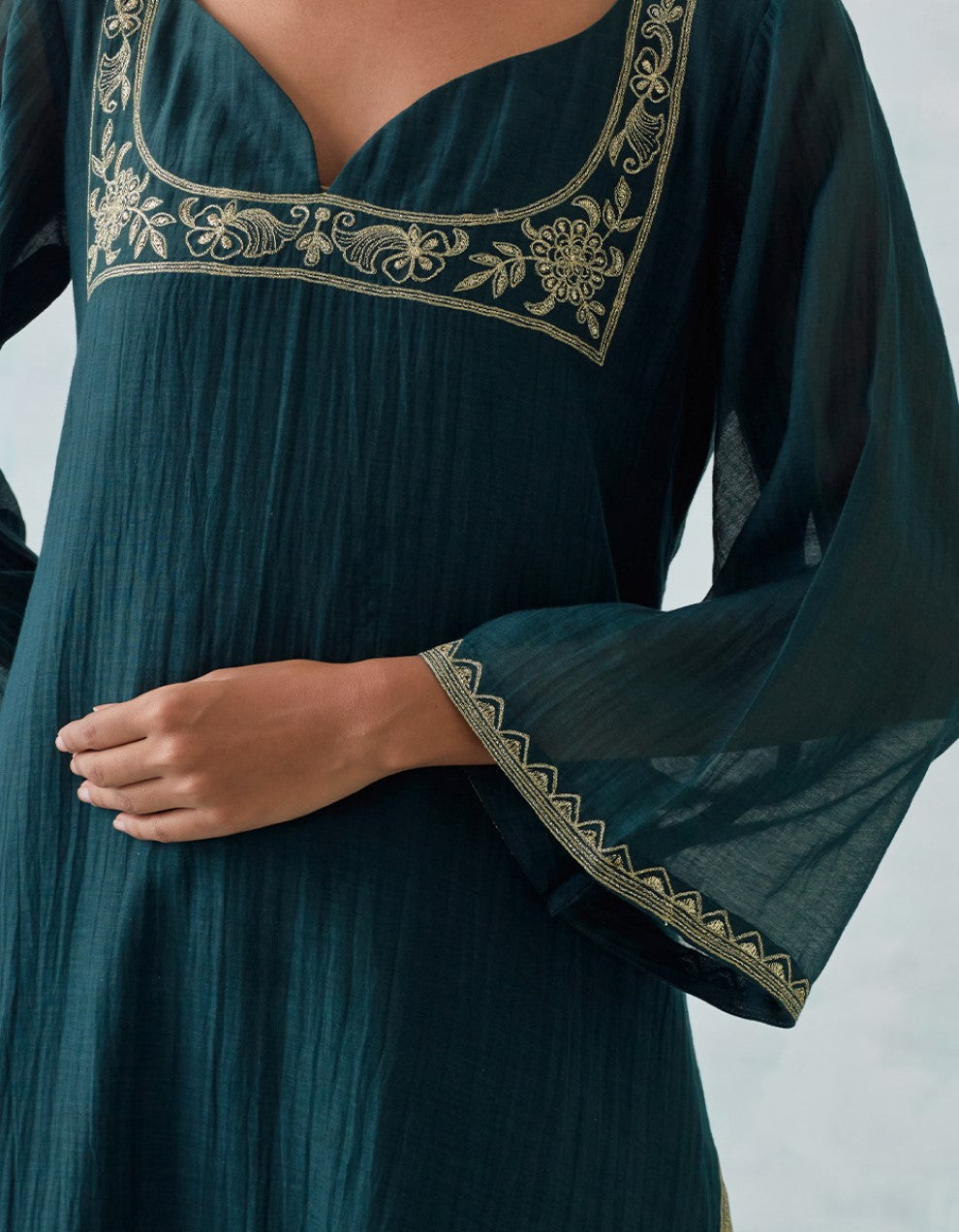 Dark Green Embroidered Light Chanderi Kurta with Pants and Tissue Organza Dupatta