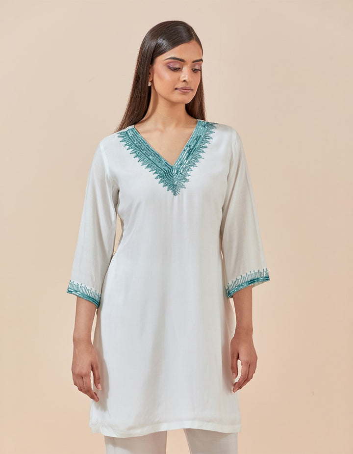 Blue muslin cotton hand embroidered  kurta with pants