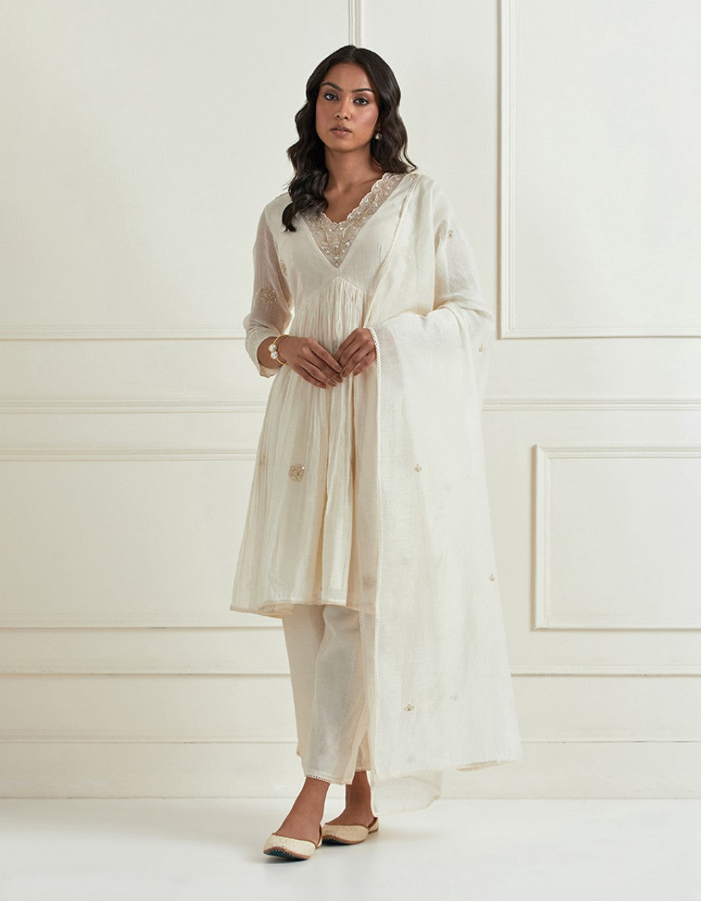 White hand embroidered chanderi kurta with pants and dupatta