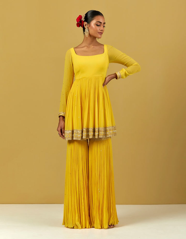 Yellow Hand Embroidered Georgette Gharara Suit Set