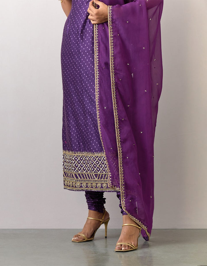 Purple embroidered printed chanderi kurta with pants and dupatta